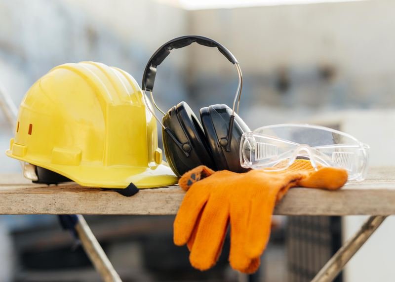 Casco, orejeras, lentes y guantes de seguridad sobre una mesa